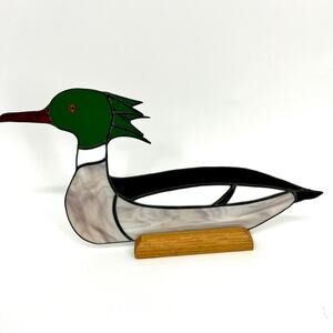 Vintage Hand Made USA Stained Glass Mallard Duck with Wood Stand Base Green Gray
